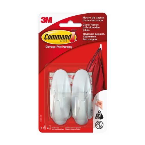 Куки за окачвване 3М Command™ 17081-CEE, Medium, 80x29x30 мм, 2 куки, 4 ленти, бели