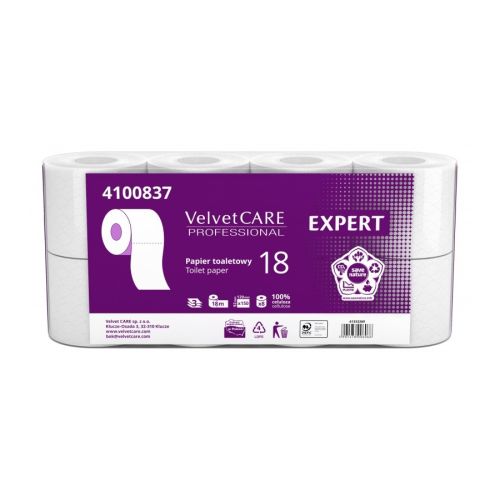 Тоалетна хартия Velvet Expert на ролка, 3 пласта, бяла, 150 къса, опаковка 8 бр.