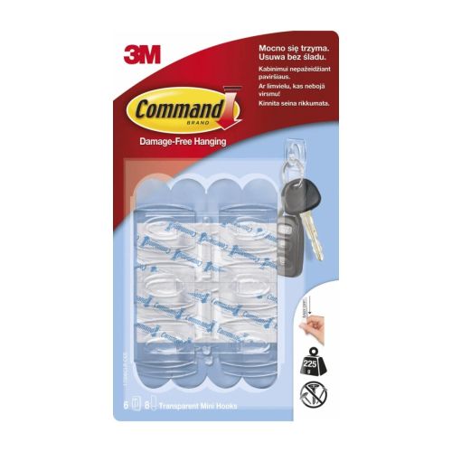 Куки за окачвване 3М Command™ 17006CLR-CEE, Mini, 22x28 мм, 6 куки, 8 ленти, прозрачни