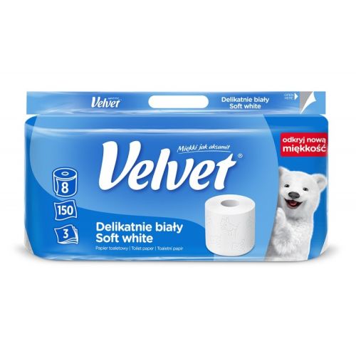 Тоалетна хартия Velvet Delicate White на ролка, 3 пласта, бяла, 150 къса, опаковка 8 бр.