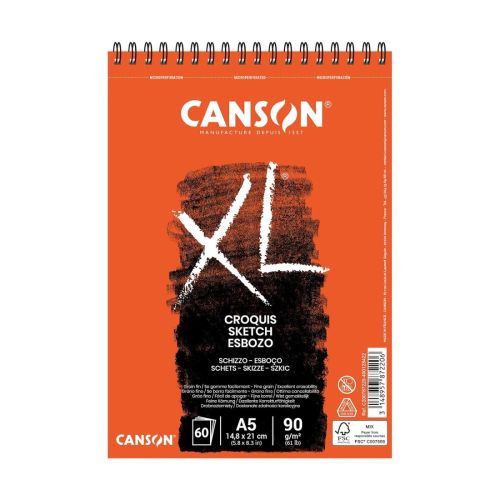 Скицник със спирала CANSON XL Croquis, за сухи техники, A5, 90 г/кв.м, fine grain, 60 л.