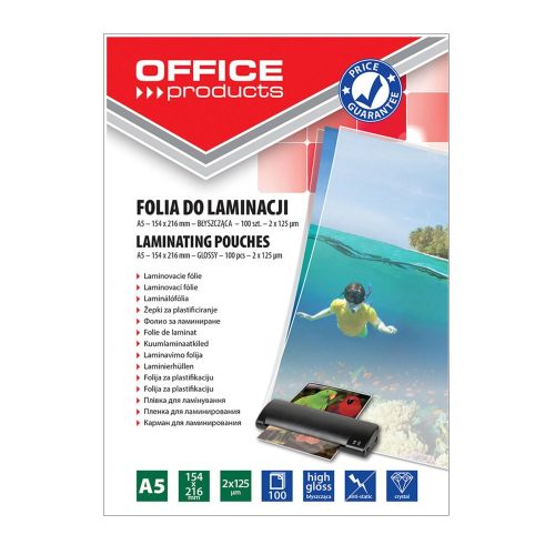 Фолио за ламиниране OFFICE PRODUCTS А5, 154x216 мм, 2х125 mic, кутия 100 л.
