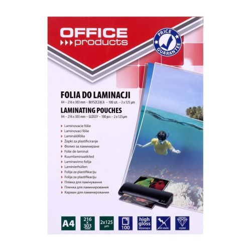 Фолио за ламиниране OFFICE PRODUCTS А4, 216x303 мм, 2х125 mic, кутия 100 л.