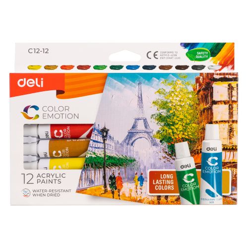Акрилни бои Deli Color Emotion EC12-12, на водна основа, в тубички 12 мл, 12 цвята 1