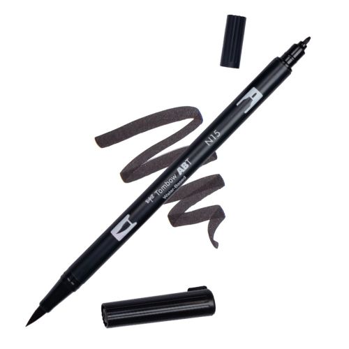 Aкварелен двувърх маркер Tombow ABT Dual Brush, четка 3.5 мм, връх 0.8 мм, N15 black — Joya.bg 1