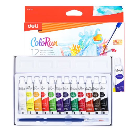 Акварелни бои Deli Colorun EC18-12, в тубички 5 мл, 12 цвята + четка 1