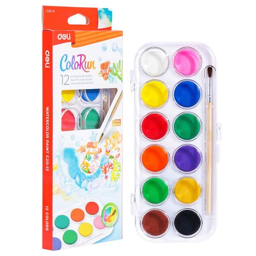 Акварелни бои Deli Colorun EC20-12, ф 28 мм, 12 цвята + четка 1