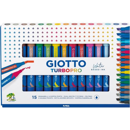 Акварелни двувърхи маркери GIOTTO Turbo Pro, четка и скосен връх, 15 цвята 1
