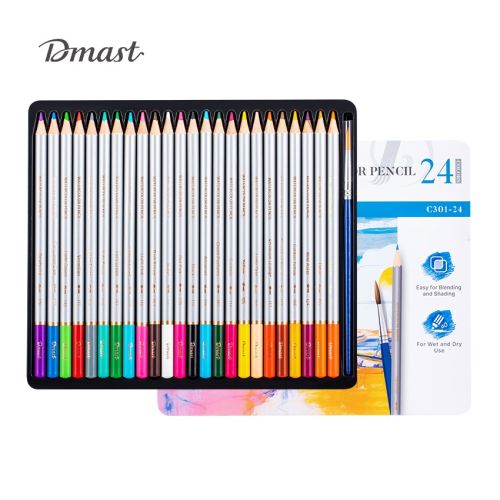 Акварелни цветни моливи Deli Dmast EC301-24, кръгло тяло, 24 цвята + четка, в метална кутия — Joya.bg 1