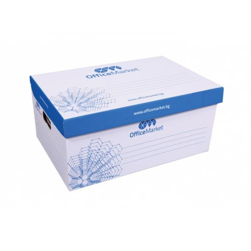 Архивен кашон OfficeMarket, 550х363х253 мм, петпластово велпапе, с капак и дръжки, бял — Joya.bg