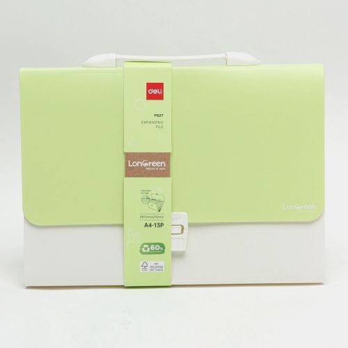 Чанта за документи Deli LonGreen, EF627, 13 отделения и индекси, PP, зелена 1