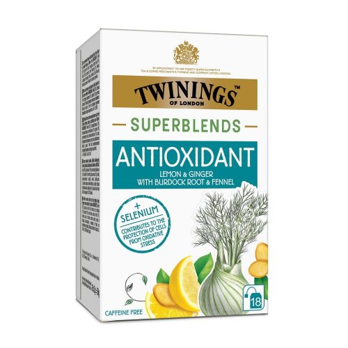 Чай Twinings Superblends ANTIOХIDANT лимон, джинджифил, репей, фенел, кутия 18 бр. х 2 г — Joya.bg