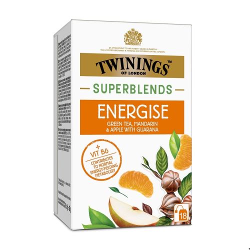 Чай Twinings Superblends ENERGISE зелен ,мандарина, ябълка, гуарана, кутия 18 бр. х 2 г — Joya.bg