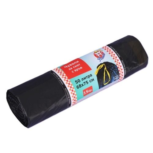 Чували за смет Extrapack, с връв, HDPE 15 mic, 50 л, 68х75 см, черни, 15 бр.