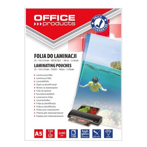 Фолио за ламиниране OFFICE PRODUCTS А5, 154x216 мм, 2х80 mic, кутия 100 л.