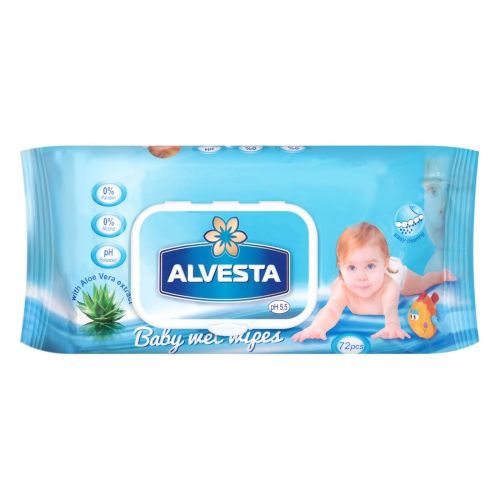 Мокри кърпи Alvesta Baby  с екстракт от алое вера, без алкохол, 72 бр.