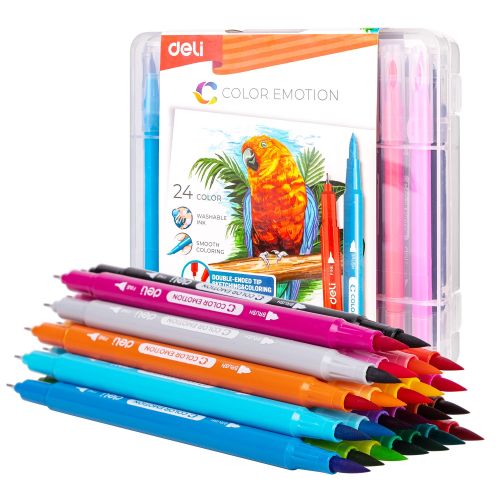 Двувърхи флумастери Deli Color Emotion EC151-24, четка и тънкописец, 24 цвята 1
