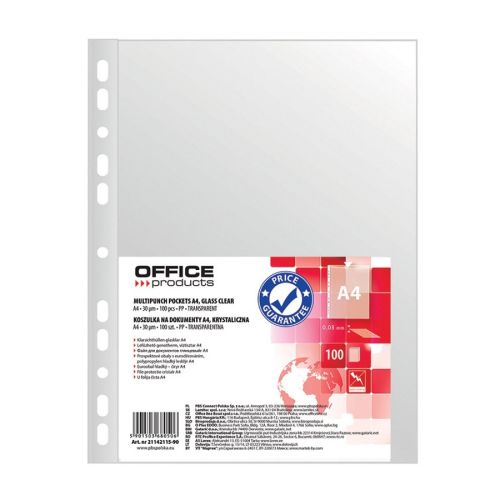 Джоб с европерфорация OFFICE PRODUCTS, A4, РР 30 mic, кристал, 100 бр. — Joya.bg