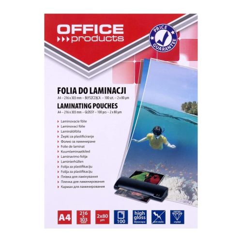 Фолио за ламиниране OFFICE PRODUCTS А4, 216x303 мм, 2х80 mic, кутия 100 л.