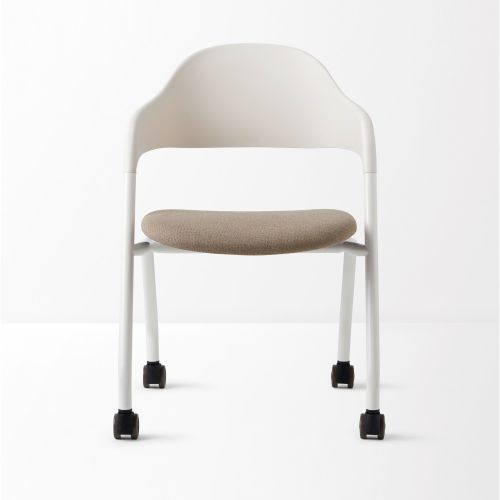 Ергономичен посетителски стол DAWON ARI, дамаска, бяла база, 4 крака с колелца, бежов — Joya.bg 1