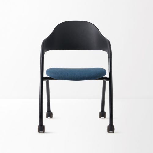 Ергономичен посетителски стол DAWON ARI, дамаска, черна база, 4 крака с колелца, син — Joya.bg 1