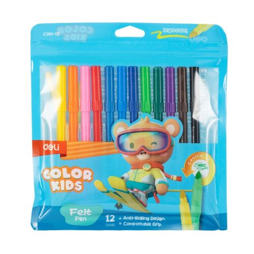 Флумастери Deli Color Kids EC161-12, връх 5 мм, 12 цвята, PVC опаковка — Joya.bg 1