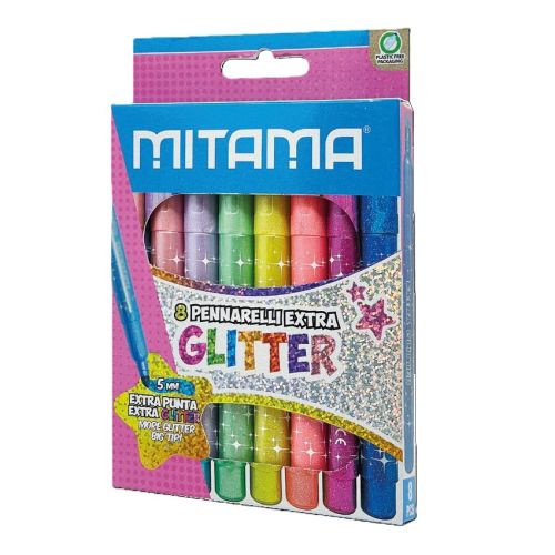 Флумастери с брокат MITAMA Jumbo Extra Glitter, връх 5 мм, 4 пастелни и 4 интензивни цвята — Joya.bg 1