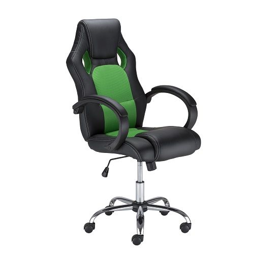 Геймърски стол Race Steel, еко кожа и меш, база хром, фикс. подлакътници, черен/зелен — Joya.bg