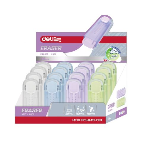 Гума за молив Deli EH337, пластмасов държач, 59х18х11 мм, цветна