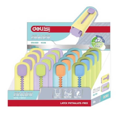 Гума за молив Deli EH338, пластмасов държач, 59х18х11 мм, цветна