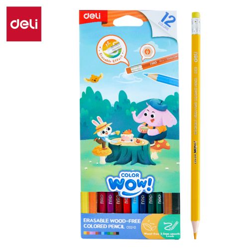 Изтриваеми цветни моливи Deli Color wow! EC102-12, с гума, шестоъгълно тяло, 12 цвята — Joya.bg 1