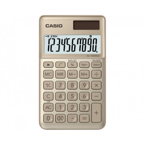 Калкулатор CASIO SL-1000SC-GD, джобен, 10 dgt, метален панел, 120х71х8.7 мм, златист металик — Joya.bg