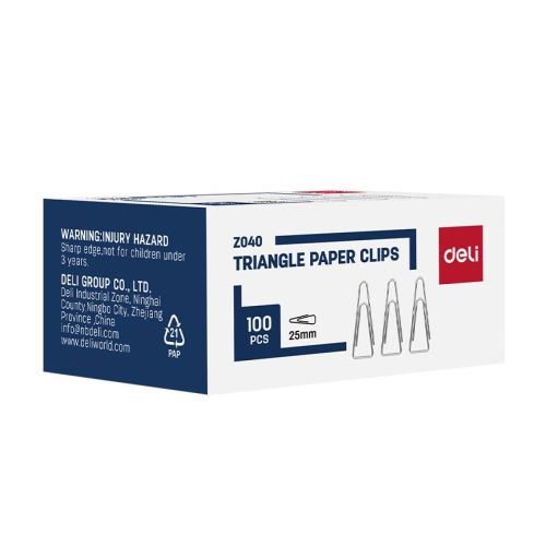 Кламери Deli 25 мм, EZ040, никелирани, триъгълни, с извит дизайн, кутия 100 бр. — Joya.bg 1