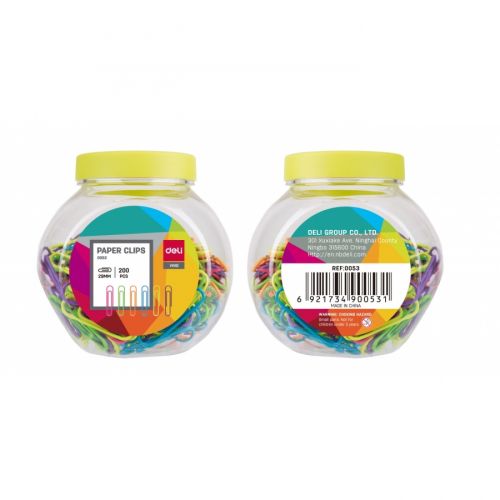 Кламери Deli Vivid 29 мм, E0053, цветни, заоблен връх, метал+PVC, бурканче 200 бр.  — Joya.bg 1