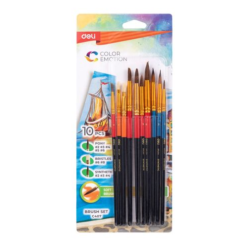 Комплект четки за рисуване Deli Color Emotion EC407, обли/плоски, естествен/изкуствен косъм, 10 бр. — Joya.bg 1
