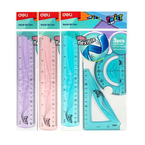 Комплект Deli Twist Me EH22, огъваща се линия 20 см, триъгълник и транспортир, цветни — Joya.bg 1