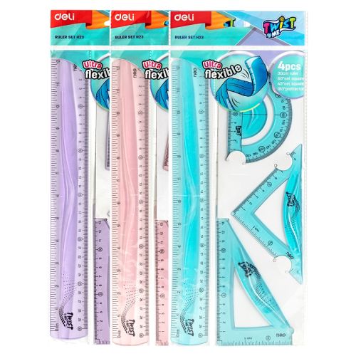 Комплект Deli Twist Me EH23, огъваща се линия 30 см, 2 триъгълника и транспортир, цветни — Joya.bg 1
