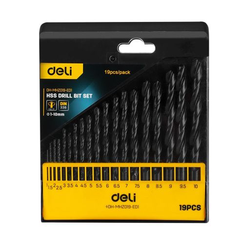 Комплект HSS свредла Deli TOOLS  EDH-MHZ019-ED1 19 бр., ф1 -10 мм, за метал и дърво, черни — Joya.bg 1