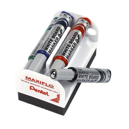 Комплект маркери за бяла дъска и магнитна гъба Pentel, объл връх 6 мм, 4 цвята — Joya.bg 1