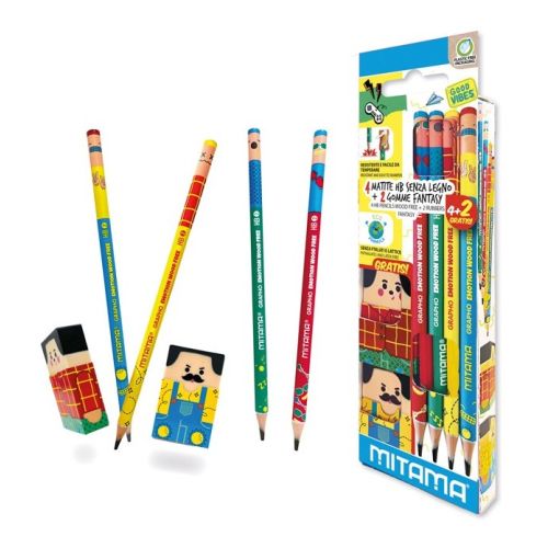 Комплект моливи без гума MITAMA GraphoEmotion, 4 бр. HB, 2 бр. гуми 3х5 см 1