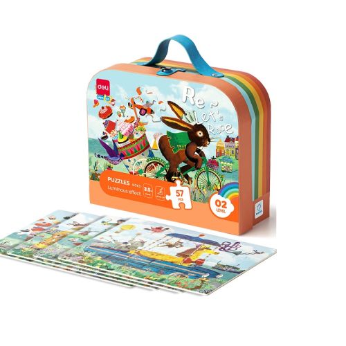 Комплект пъзели Deli Genius EH743, 3.5+ години, 3 бр, 57 части общо, луминисцентен ефект, в куфар  — Joya.bg 1