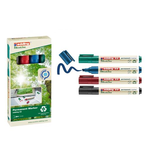 Комплект перманентни маркери edding 22 EcoLine, скосен връх 1.5-5 мм, 4 цвята — Joya.bg 1