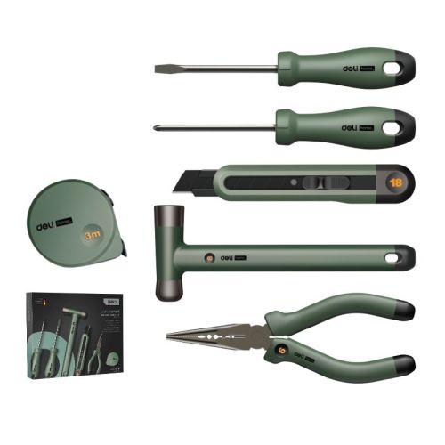 Комплект с инструменти Deli homeSeries EHT0006L, клещи, чук, мак. нож, ролетка, 2 отвертки, зелени — Joya.bg 1