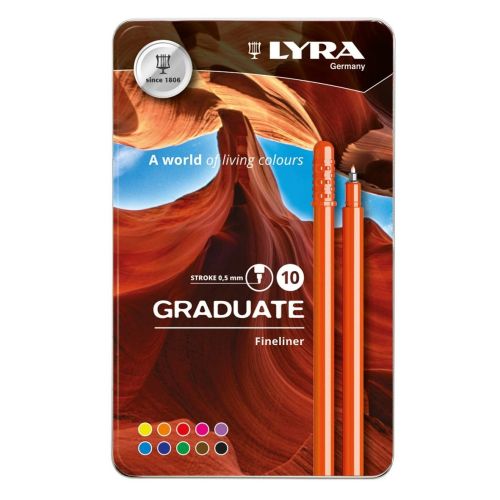 Комплект тънкописци LYRA Graduate, филцов връх 0.5 мм, 10 цвята, метална кутия — Joya.bg 1