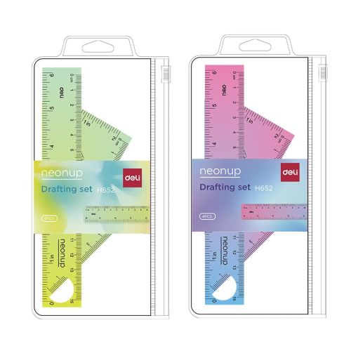 Комплект за чертане Deli Neonup EH652, линия 15 см, 2 триъгълника, транспортир, цветни — Joya.bg 1