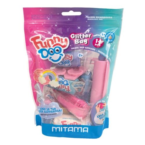 Комплект за моделиране MITAMA Funny Doo GlitterBag, 350 г, 7 цвята моделин, глитерен прах, 14 части 1