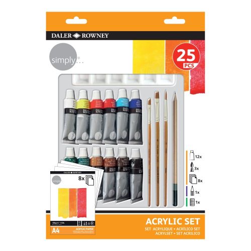 Комплект за рисуване DALER-ROWNEY Simply Acrylic, акрилни бои, четки и скицник, 25 части — Joya.bg 1