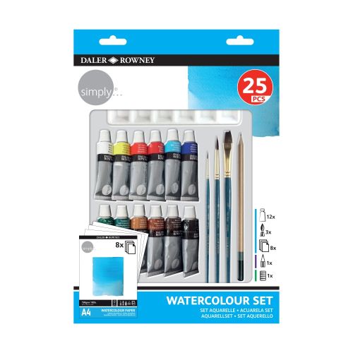 Комплект за рисуване DALER-ROWNEY Simply Watercolor, акварелни бои, четки и скицник, 25 части — Joya.bg 1