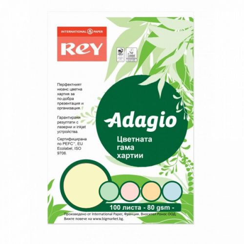 Копирна хартия REY Adagio, A4, 80 г, микс 5 пастелни цвята, пакет 100 л. 1