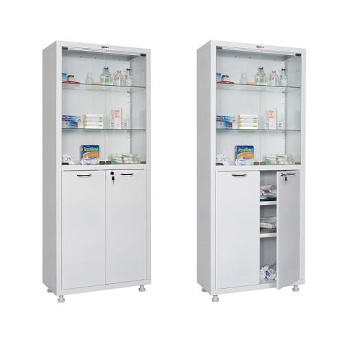 Медицински шкаф Hilfe МД 2 1670 SG, 1655/1755x700x320 мм, 4 рафтa, 4 врати -метал и стъкло , бял — Joya.bg